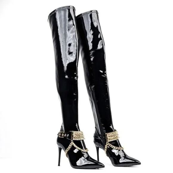 Jeffrey Campbell Knee High Vegan Patent Leather Chain Stiletto Heel Boots 7.5 - Picture 1 of 10